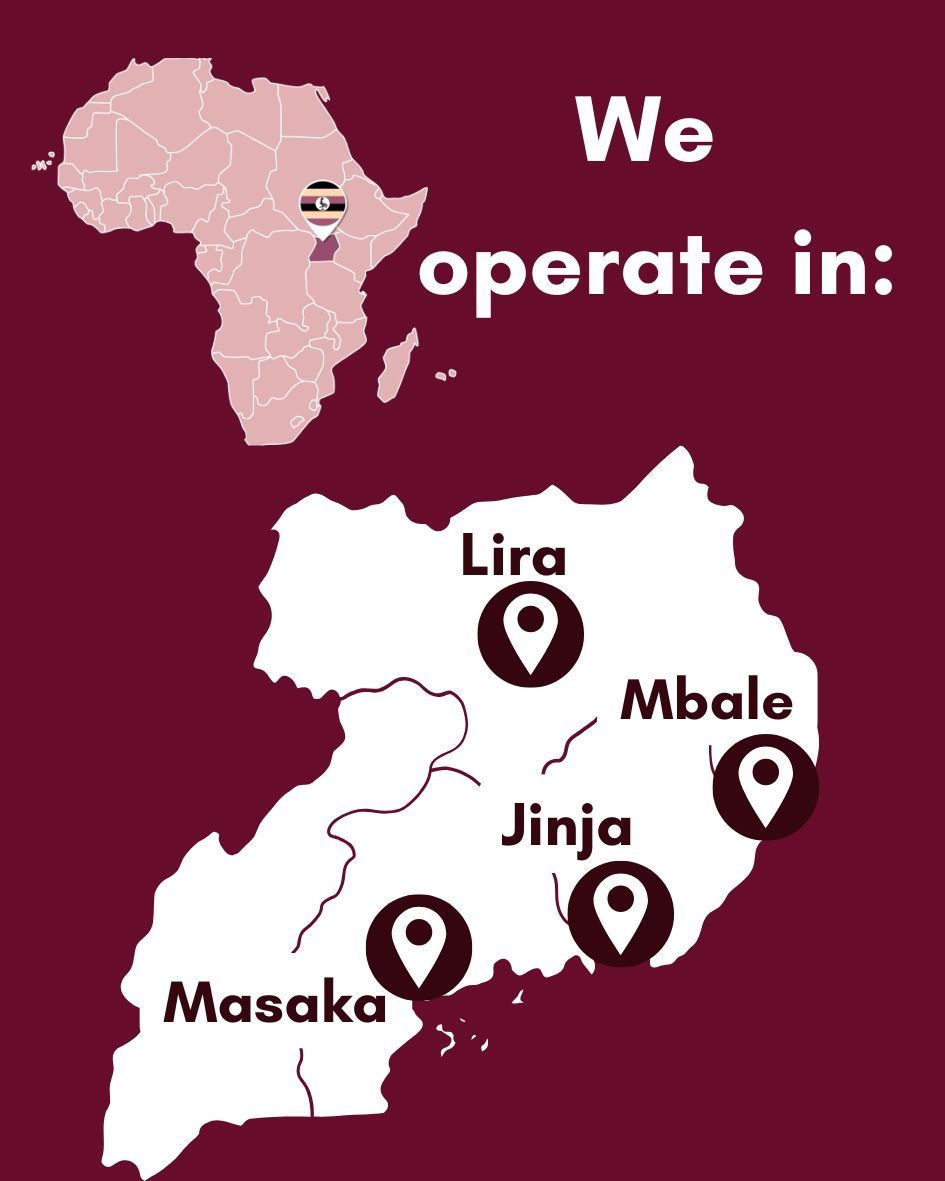 Map of Uganda showing Child Restoration Outreach Uganda's four branches: Mbale, Jinja, Masaka and Lira